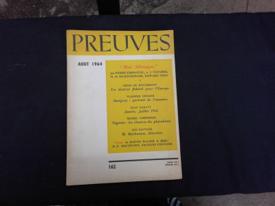 REVISTA PREUVES NR.162/1964 (CU ARTICOLE DE DENIS DE ROUGEMONT, JEAN RABAUT, VLADIMIR DEDIJER SI ALTII, TEXT IN LIMBA FRANCEZA) foto