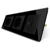 Priza tripla - 2 x priza simpla + 1 x priza TV / internet Livolo VL-C7C3EU/VC-12, incastrat, contact de protectie, rama din sticla inclusa, negru