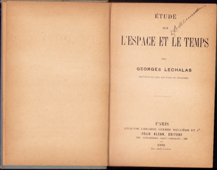 HST C3869N Etude sur l&rsquo;espace et le temps par Georges Lechalas 1896