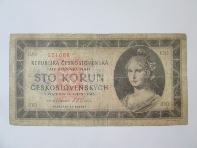 Cehoslovacia 100 Korun 1945,bancnota din imagini foto