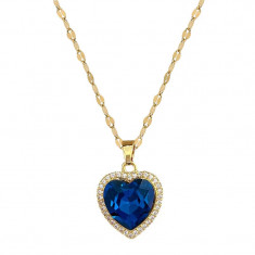 Colier Gabriella, auriu, din otel inoxidabil, cu pandantiv inima albastra