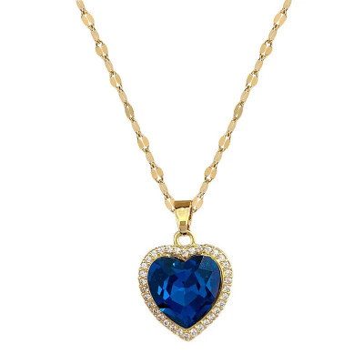 Colier Gabriella, auriu, din otel inoxidabil, cu pandantiv inima albastra foto