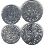 POLONIA LOT Nr 1 / : 2 buc , 10 + 20 groszy 1980