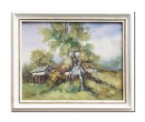 Tablou vechi din 1997 pictat manual inramat, Peisaj cu case taranesti, 55x45cm ulei pe panza, Ion Radu