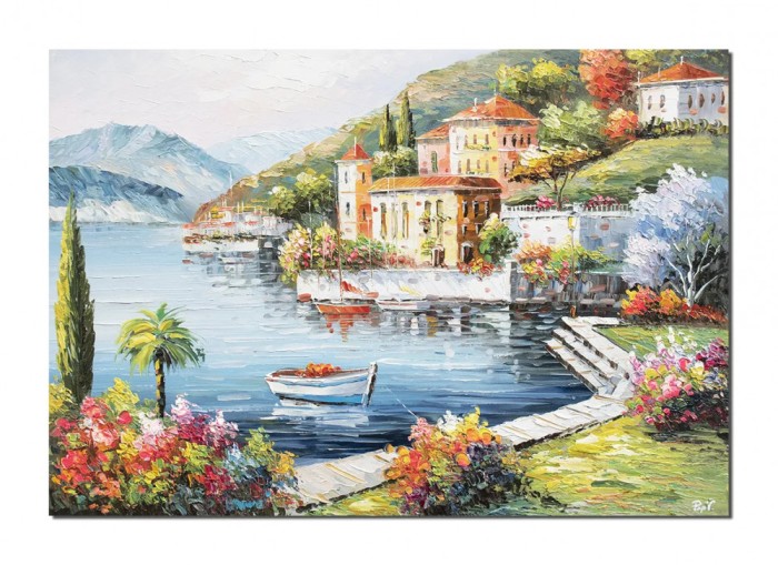 Tablou lacul Como pictat manual, Peisaj de poveste, 100x70cm ulei pe panza in cutit efect 3D, Valentin Pop