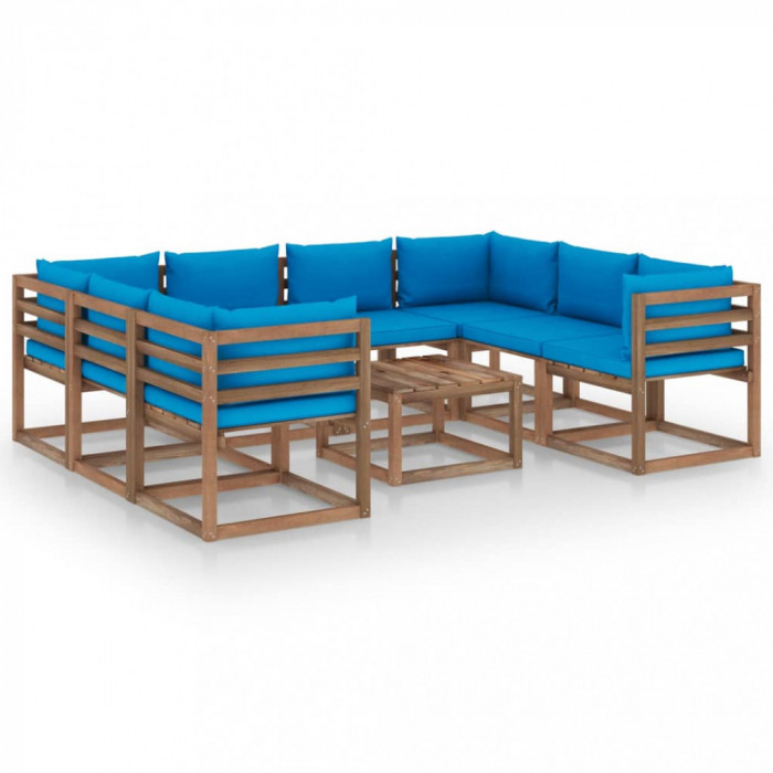 Set mobilier de grădină cu perne albastru deschis, 9 piese