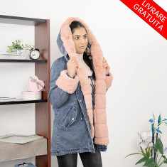 Geaca Dama Parka Din Denim 1300 Albastru Cu Roz