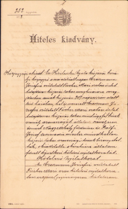 HST A909 Act notarial 1903 Chișineu-Criș județul Arad