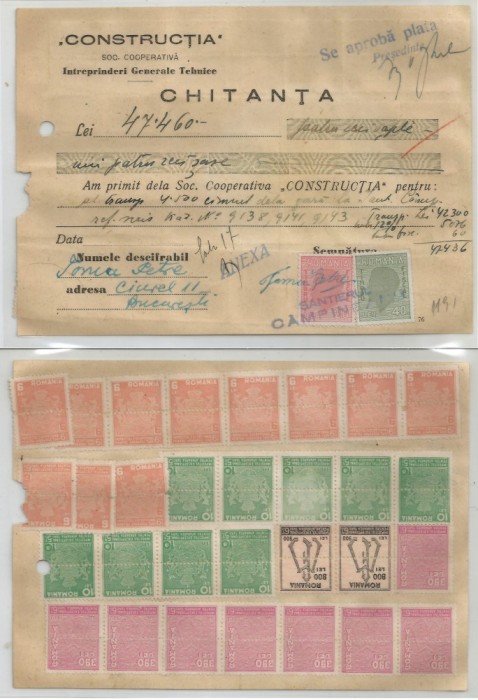 Romania, Soc. Cooperativa Constructia, Chitanta, Bucuresti, 1930