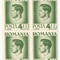 *Romania, LP 187/1945, Uzuale - Mihai I, hartie alba, bloc de 4, eroare, MNH