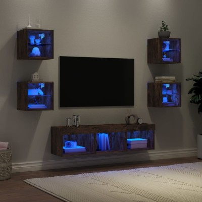 vidaXL Unități de perete TV cu LED-uri, 7 piese, stejar fumuriu, lemn 3216587 foto