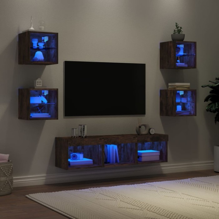 vidaXL Unități de perete TV cu LED-uri, 7 piese, stejar fumuriu, lemn 3216587