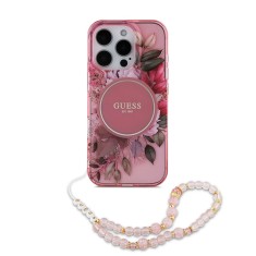 Husa iPhone 16 Pro Max originala Guess IML Flowers with Pearl Strap MagSafe, roz, GUHMP16XHFWBRCESP foto