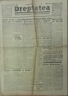 1946, 4 sept, ziarul DREPTATEA partidul national taranesc, atmosfera precampanie foto