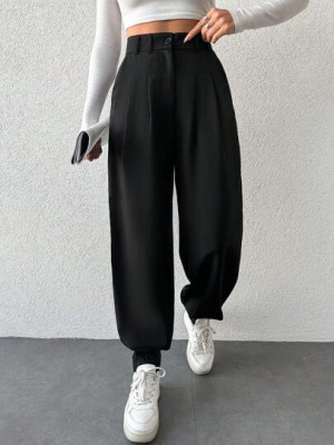 Pantaloni de costum cu talie inalta si nasture, negru, dama, Shein foto