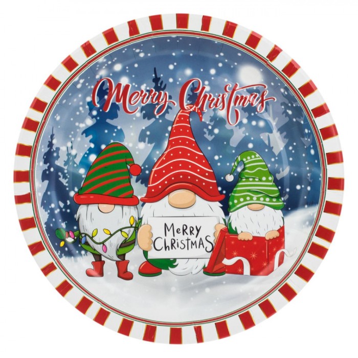 Set Farfurii Carton, GNOMES, 10 Buc, 23 cm, Multicolor, Tematică Crăciun