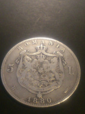 5 lei 1880 (Kulrich pe cerc), argint, stare foarte buna (EF-/EF) foto