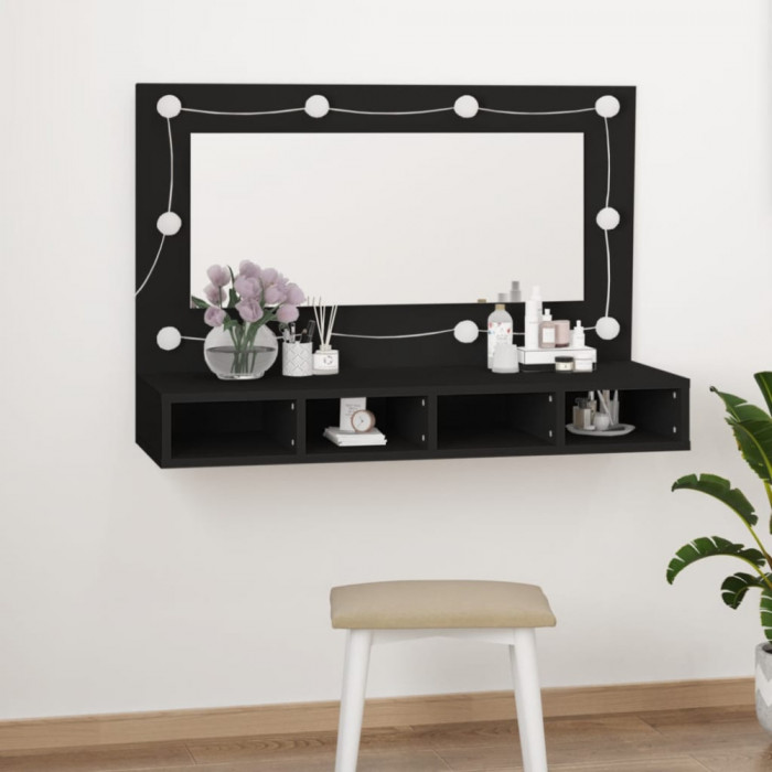 Dulap cu oglinda si LED, negru, 90x31,5x62 cm GartenMobel Dekor