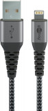 Cablu Lightning 8-Pini 0.5m Apple MFi certificat conectori metalici robust textil argintiu Goobay 49267