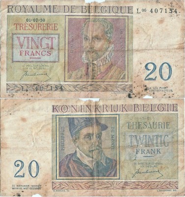 1950 (1 Iulie), 20 Francs (P-132a) - Belgia foto