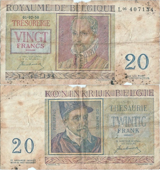 1950 (1 Iulie), 20 Francs (P-132a) - Belgia