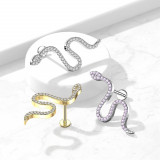 Piercing labret din oțel cu șurub - motiv șarpe, zirconii rotunde, 8 mm - Culoare zirconiu piercing: Auriu - transparent