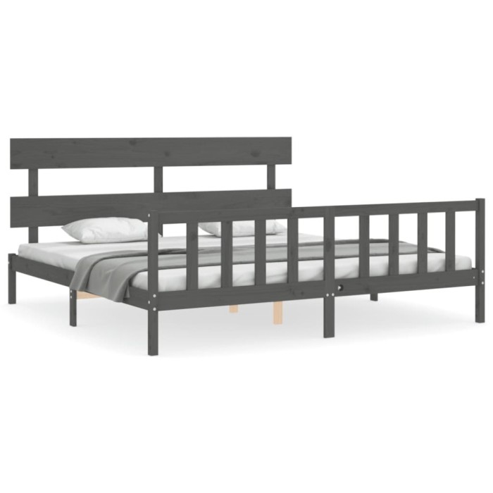 Cadru pat cu tablie 200x200 cm, gri, lemn masiv