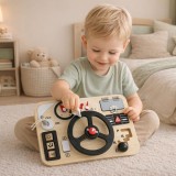 Busy Board Montessori din Lemn cu Volan, Simulator Bord Masina, 10 Activitati Interactive Educationale