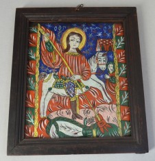 &quot;Sfantul Gheorghe omorand balaurul&quot; icoana pe sticla de Fagaras sfarsit de secol XIX