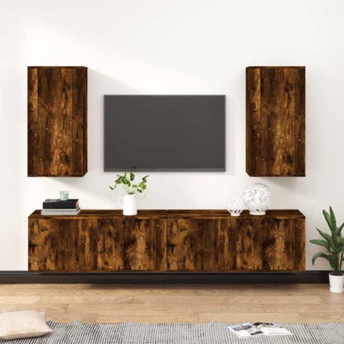 Set dulapuri TV, 4 piese, stejar fumuriu, lemn prelucrat