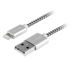 Cumpara ieftin Cablu de incarcare si transfer de date GoGEN, USB la Lightning, 2 metri, impletitura textila, argintiu