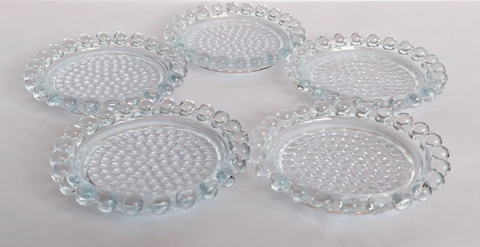 Set 5 farfurii mici din cristal pentru dulceata, model perlat, 10cm diametru