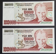 Turcia, 2 x 100.000 Lire 1970, UNC, Consecutive.