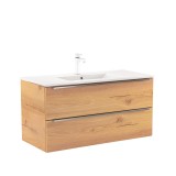 Dulap Baie Vario Trim 100 Stejar cu Lavoar Ceramic. Mobilier suspendat, sertar silentios, PAL calitate. Dimensiuni: 100x52x46 cm