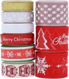 Set de 9 role cu panglica pentru Craciun DYWW, rosu/alb/auriu, poliester, 10 mm / 15 mm / 25 mm