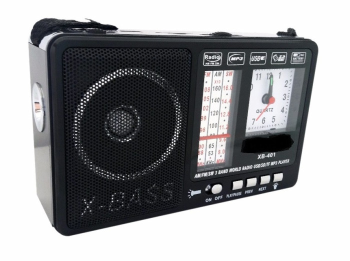Radio portabil , ceas, usb stick Mp3, lanterna cu acumulator alimentare 220v si baterii XB-401C