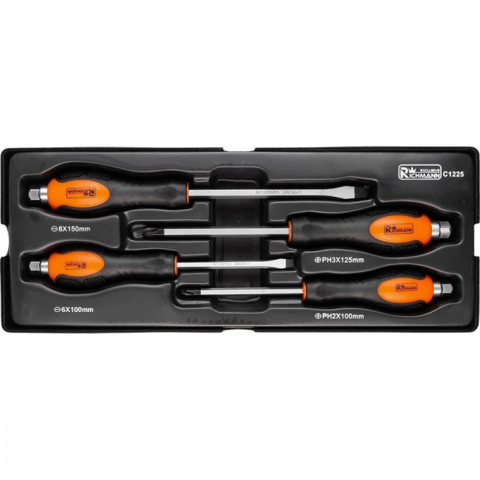Set surubelnite de impact, late si cruce, sertar TIP A (385x150 mm) pentru dulap mobil, PH2-3, 6-8 mm, 125-150 mm, 4 buc, RICHMA