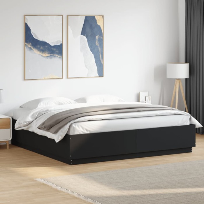 Cadru de pat cu lumini LED, negru, 200x200 cm, lemn prelucrat
