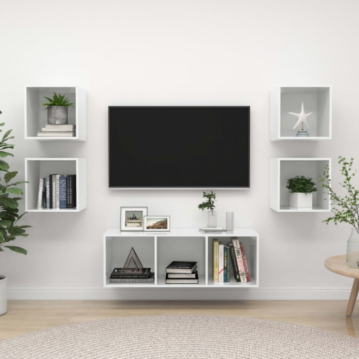 Set de dulapuri TV, 5 piese, alb extralucios, lemn prelucrat