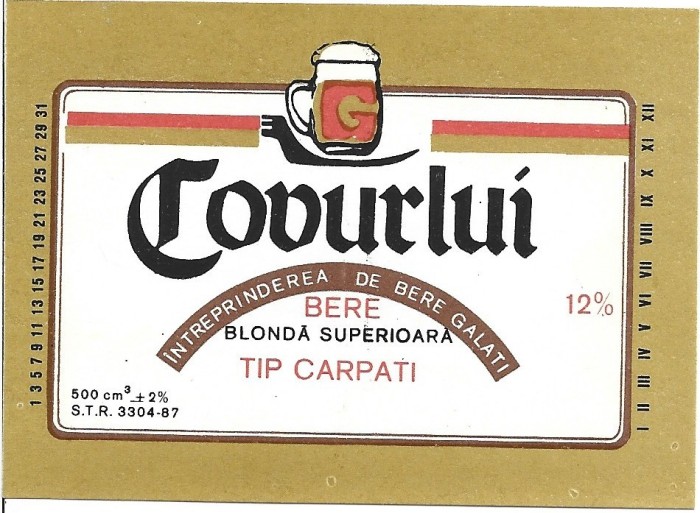 NI405 Etichetă bere blondă superioară tip Carpați, Covurlui, &Icirc;ntreprinderea de bere Galați