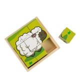 Puzzle in cub de lemn, Diverse animale, 9 piese