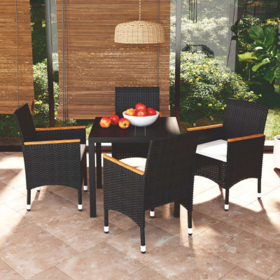 vidaXL Set de masă pentru grădină cu perne, 5 piese, negru, poliratan foto