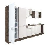 Mobilier de bucătărie Yorki 330, cu corp din stejar Yorki, fațade albe cu finisaj satinat, cu dulap cu rafturi și frigider cu congelator &icirc;n partea de