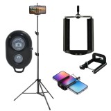 Kit vlogging trepied podea 180 cm aluminiu cu suport telefon clips 5.3, 8 cm si telecomanda bluetooth, 3 segmente, filet 1 4, stabil max.3 kg