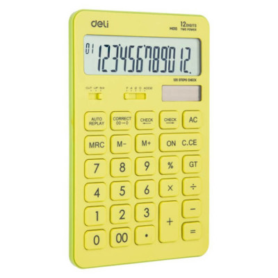 Calculator de Birou Deli 1551, 12 Digits, Galben Pastel, Functie de Verificare si Corectie, Alimentare Dubla, Calculator Birou 12 Digits, Calculator B foto