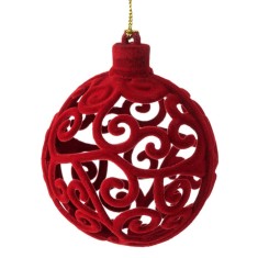 Ornament Brad Crăciun, Glob Catifelat, Model Perforat, Roșu, 8cm