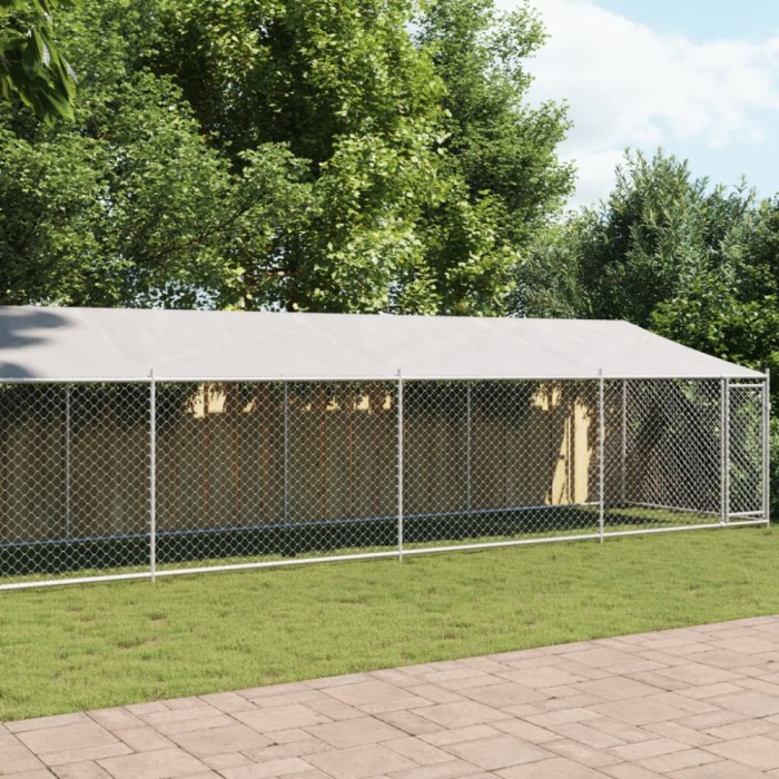 Cușcă c&acirc;ini cu acoperiș și ușă, gri, 10x2x2 m, oțel galvanizat
