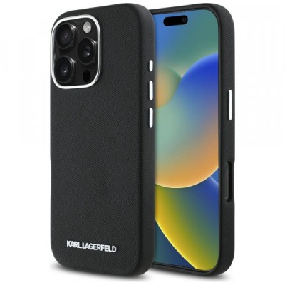 Husa MagSafe pentru Apple iPhone 16 Pro Max, Karl Lagerfeld, Saffiano Full Wrapped Elongated Metal Logo, Neagra foto