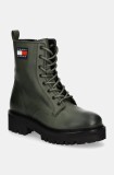 Tommy Jeans bocanci de piele TJW URBAN LACE UP BOOT femei, culoarea verde, cu toc plat, EN0EN02628