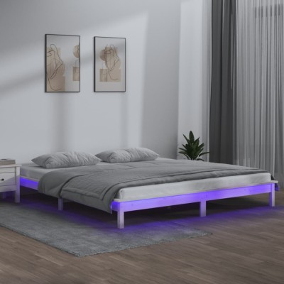vidaXL Cadru de pat cu LED, alb, 140x200 cm, lemn masiv foto